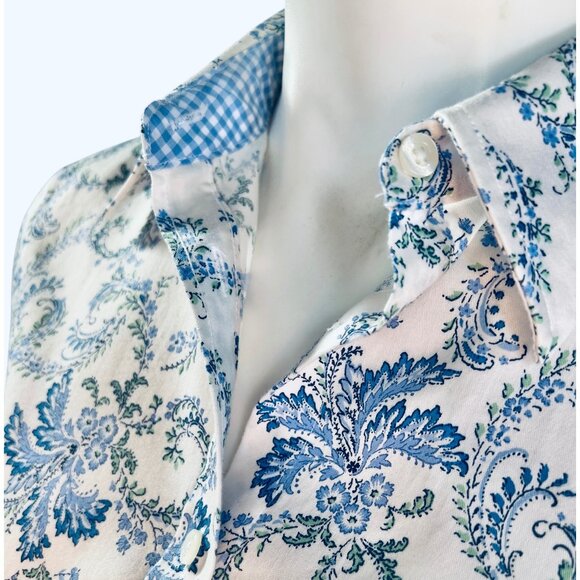 Chaps Black Label Womens M No Iron Blue White Floral Button Shirt Logo Buttons - Picture 5 of 16